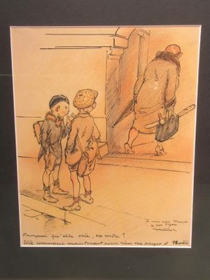 drawing of two children standing in front of a door with a man holding a bag