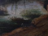 a painting of a man standing on a hill with a dog