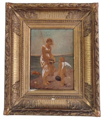 an oil painting of a woman and a dog on the beach