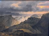 painting of a mountainous landscape with a castle in the distance