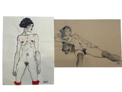 two drawings of a woman in red stockings and a drawing of a woman in red stockings