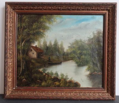 a painting of a river scene with a house and a boat