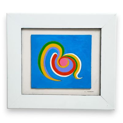 On y voit un tableau représentant un cœur coloré, encadré dans un cadre blanc