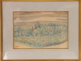 tableau représentant un paysage avec des arbres et une rivière, dans un cadre doré