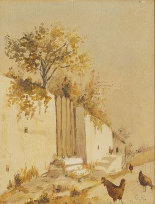 une image représentant un tableau où l'on voit des poulets et un arbre dans un champ
