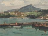 a painting of boats in the water near a mountain