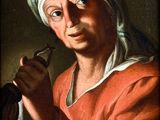 an old painting of a woman holding a pipe in her hand
