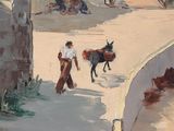 a painting of a man walking a horse down the street