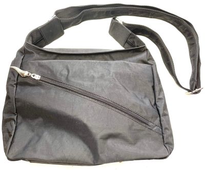 a black purse with a zipper on the side