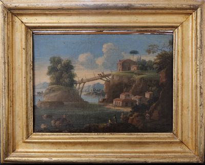 tableau représentant un pont enjambant une rivière, avec un village en arrière-plan