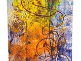 an abstract painting of orange and blue paint on a white background