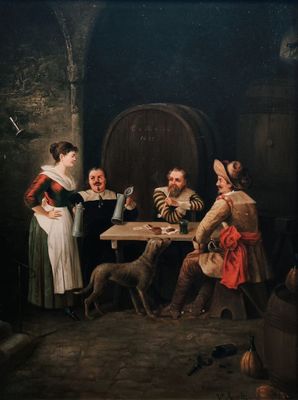 un tableau représentant un groupe de personnes jouant aux cartes