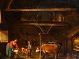 painting of a man milking a cow in a barn with other people and animals