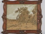 an old picture of a painting of a landscape with a tree in the foreground