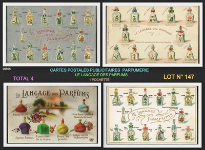 four postcards depicting different types of perfumes from around the world