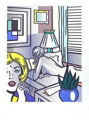 tableau représentant une femme allongée dans un lit, avec une plante dans un vase