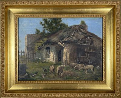 une peinture à l'huile représentant une scène de campagne avec des moutons et des poules devant une maison au toit de chaume