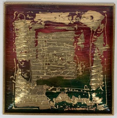 an abstract painting with gold and red paint on a white wall