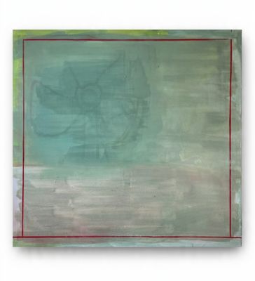 une peinture abstraite représentant un carré vert traversé par une ligne rouge au milieu