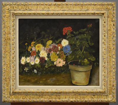 une peinture à l'huile représentant des fleurs dans un pot posé sur une table