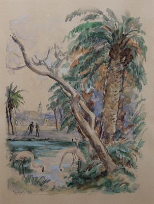 un tableau représentant un groupe de personnes marchant au bord d'une rivière
