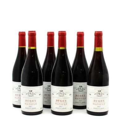 six bottles of red wine are lined up on a white surface