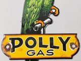 a green parrot sitting on top of a sign that says polly gas