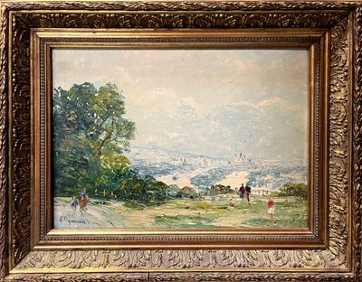 une image représentant un tableau de paysage avec des personnes marchant au loin