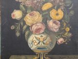 peinture d'un vase de fleurs sur une table sur fond noir