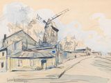 drawing of a windmill on a street with buildings in the background