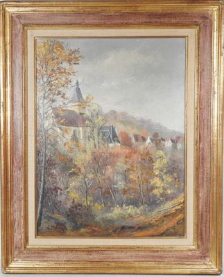 une peinture à l'huile représentant une église sur une colline avec des arbres au premier plan