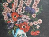 a painting of flowers in a vase on a table