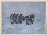 painting of a group of men walking in the snow with horses