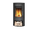 a black wood burning stove with logs in front of it