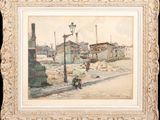 an image of a painting of a street scene with a horse and buggy