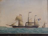 tableau représentant un voilier en pleine mer, avec d'autres bateaux en arrière-plan