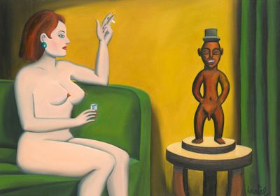 painting of a woman sitting on a green couch next to a statue