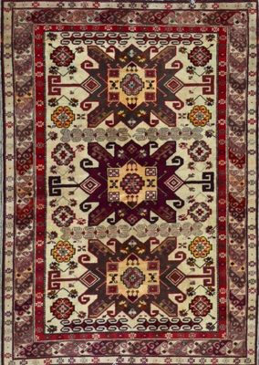 a red and beige rug with a pattern on it
