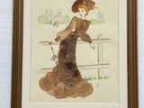 tableau représentant une femme en robe marron tenant un parapluie rouge