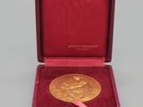une image représentant une médaille d'or dans un coffret rouge orné d'un ruban rose