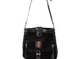 a black purse with a red and green stripe on the front
