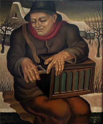 une peinture à l'huile représentant un homme tenant une cage à oiseaux dans la main