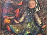 an oil painting of a little girl in a blue dress sitting on a chair