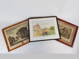 three framed pictures of people and a train on a white surface