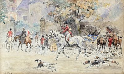 painting of a group of men riding horses and dogs in front of a building