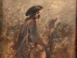 an old painting of a man with a hat sitting on a rock