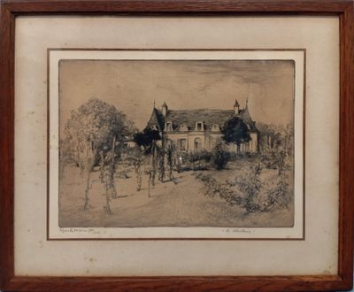 dessin représentant une calèche devant une maison