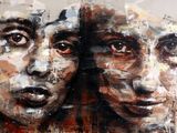 painting of two women ' s faces in different colors and sizes
