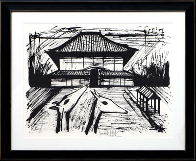 dessin en noir et blanc représentant un bâtiment devant lequel se trouve un banc