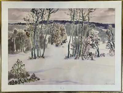 an image of a painting of a snowy landscape with trees in the foreground